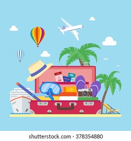 Travel concept vector illustration in flat style design. Airplane flying above tourists luggage, ship, palms, beach. Vacation and tourism background