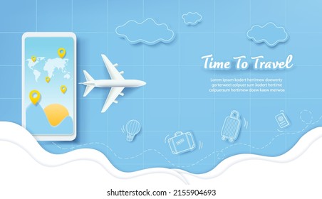 Travel concept vector illustration in paper cut style design. Vacation background