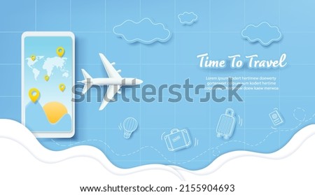 Travel concept vector illustration in paper cut style design. Vacation background