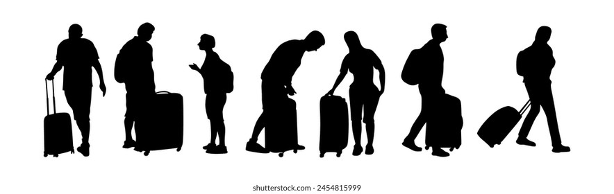 Travel concept vector illustration, silhouette of traveling couple with suitcase and backpack.