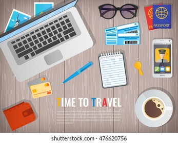 Travel concept vector illustration. Web banner. Objects on wooden background. Travel and Tourism. Flat design.