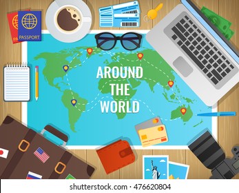 Travel concept vector illustration. Web banner. Objects on wooden background. Travel and Tourism. Flat design.