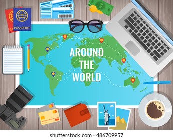 Travel concept vector illustration. Web banner. Objects on wooden background. Travel and Tourism. Flat design.