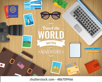 Travel concept vector illustration. Web banner. Objects on wooden background. Travel and Tourism. Flat design.