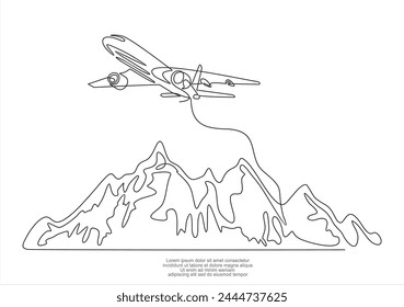 Travel Concept Vector Illustration.Airplane is flying over mountains.Business travel. Commercial plane.Continuous one line drawing	
