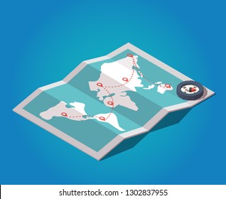 Travel concept. Vector isometric world map with compass. Travel, tourism or booking icon