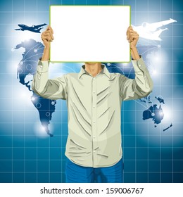 Travel concept. Vector Man with write board in his hands against his head