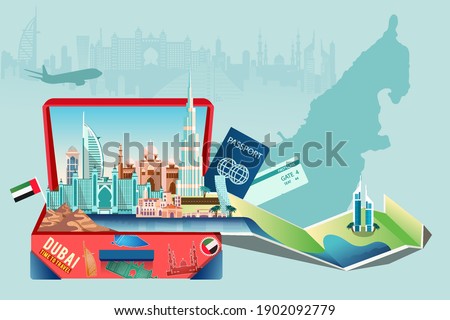 Travel concept. Vector of a suitcase with modern buildings, landmarks and city skyline of a Dubai  