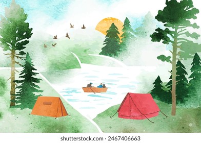 Travel concept. Vector watercolor landscape. Hand drawn nature illustration with coniferous forest, people on boats, tents, river and sun. All elements, textures are individual objects