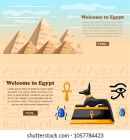 Travel concept. Welcome to Egypt poster. Ancient Egyptian symbols and decoration. Giza pyramid complex. Egypt flat icons vector illustration. Web site page and mobile app design.