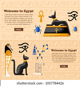 Travel concept. Welcome to Egypt poster. Ancient Egyptian symbols and decoration Egypt flat icons vector illustration on hieroglyphs texture background. Web site page and mobile app design.