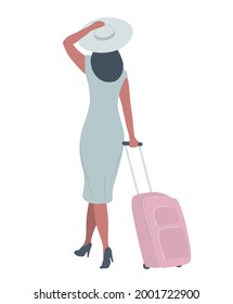 Travel concept. A woman in a gray dress with a pink suitcase in her hand. Back view. Vector illustration