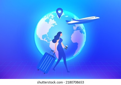 Travel concept, woman holding luggage bag with global map and navigator vector illustration