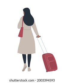 Travel concept. A woman with a red suitcase in her hand. Back view. Vector illustration