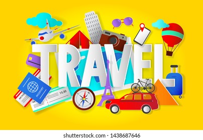 Travel concept with word, paper cut style vector illustration