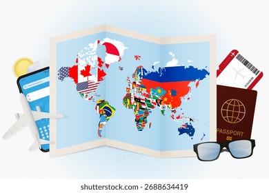 Travel Concept with World Map and Flags, paired with a passport, plane, smartphone, and sunglasses, symbolizing travel and adventure. A vibrant world map with national flags.