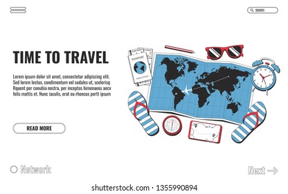 Travel concept. World map, sunglasses, compass, passport, alarm clock and tickets isolated on white background. Travel concept illustration for poster, banner or web. Vector illustration