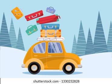 Travel concept. Yellow vintage car with travel suitcases on roof. Winter tourism, travel, trip. Flat cartoon vector illustration. Car Side View With Heap Of Falling suitcases on firs trees background