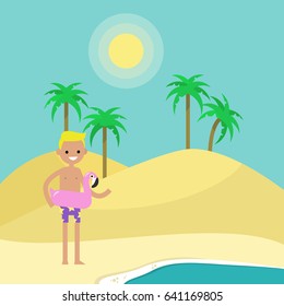Travel concept. Young male character standing on the sand near by the ocean. Flat editable vector illustration, clip art