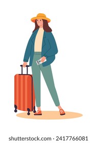 Travel concept. A young woman in a hat with an orange suitcase in her hand and a ticket in the other hand. Front view. Vector illustration