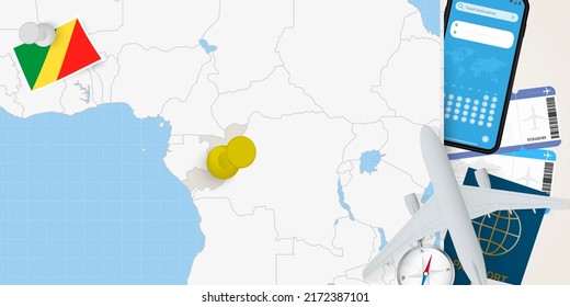 Travel to Congo concept, map with pin on map of Congo. Vacation preparation map, flag, passport and tickets. Vector illustration in flat design.