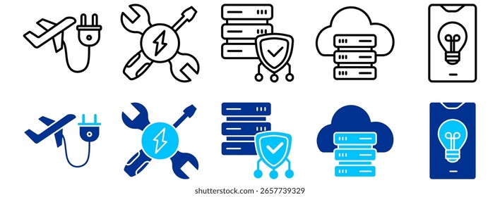 Conjunto de iconos de conectividad de viajes, mantenimiento técnico y computación en la nube - Esquema y Duotone