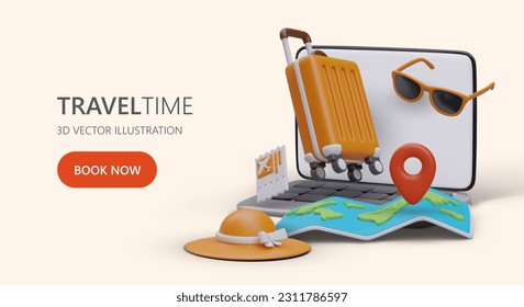 Travel consultant assistance. Tours for weekends, holidays, vacations, honeymoons. Advertising poster for transition to travel agency website. 3D opened laptop and traveler accessories