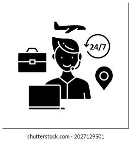 Travel consultant glyph icon.Business arrangements. Information, booking services for people wishing to travel.Small business owner.Filled flat sign. Isolated silhouette vector illustration