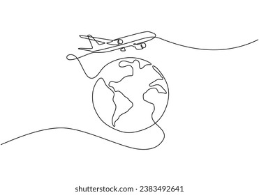 Recorrido continuo de una línea. Planeta terrestre con avión. Ilustración vectorial aislada. Diseño minimalista a mano.