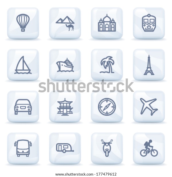 Travel contour icons on\
plastic buttons.