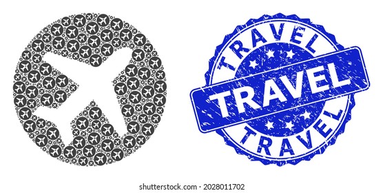 Travel corroded round stamp seal and vector recursive collage airport. Blue seal includes Travel caption inside circle shape. Vector collage is organized with randomized airport icons.