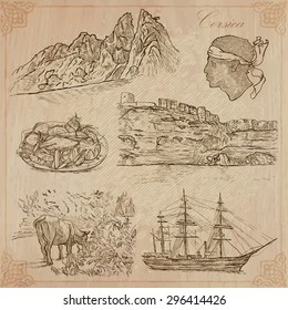 Travel, CORSICA. Collection of an hand drawn vector illustrations. Freehand sketching. Background and text are isolated. Easy Editable. Focus on - nature and travel