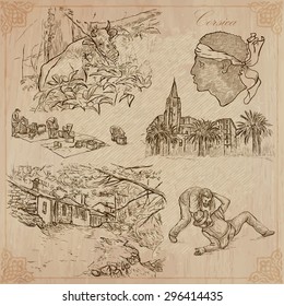 Travel, CORSICA. Collection of an hand drawn vector illustrations. Freehand sketching. Background and text are isolated. Easy Editable. Focus on - architecture, nature and folk customs (such vendetta)