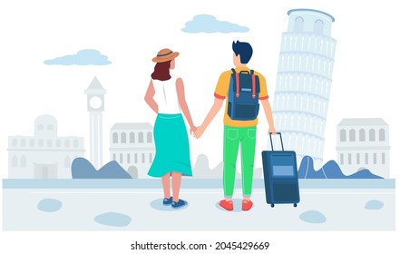 Vista posterior de pareja de viajes, ilustración vectorial plana. hombre y mujer con bolso de viaje tomados de la mano. Vacaciones románticas, vacaciones de verano, luna de miel, viajes al mundo.