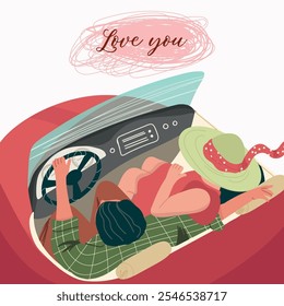 Viaje pareja cabrio coche flat, Web isométrico concepto vacaciones Vector postal Plantilla, vista superior, día de San Valentín, la inscripción te amo, mano dibujar Vector.