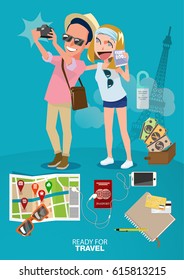 travel couple character and object vector illustration flat design