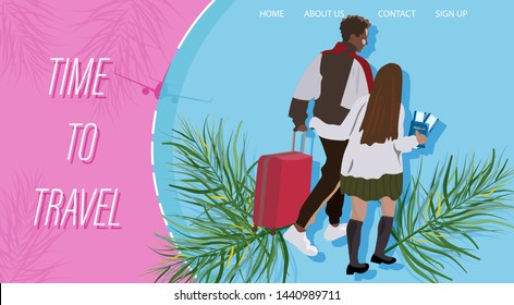 Travel couple walking with the luggage Vector flat style. Brochure background