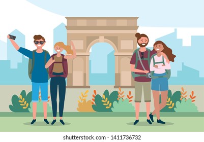travel couples with backpack in the arc triomphe destination