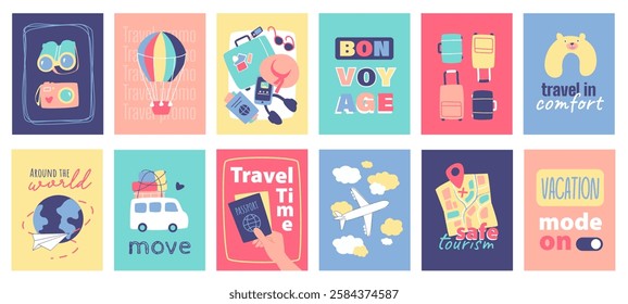 Travel cover typography template for posters, prints. Minimalistic banners set with camera, hot air balloon, luggage, bon voyage, suitcases, pillow, world trip, passport, other. Vector illustration.