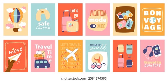 Travel cover typography template for posters, prints. Minimalistic banners set with hot air balloon, safe tourism, suitcase, passport, camera, move, bon voyage, airplane, other. Vector illustration.