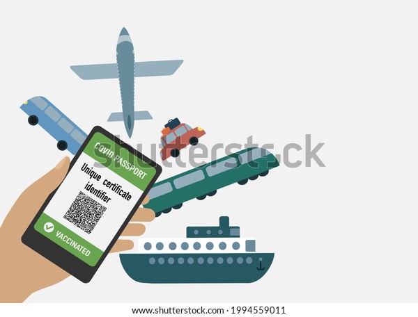 Travel with covid vaccination passport concept.\
Digital unique certificate with different types of transport -\
plane, car, bus, train,\
ship.