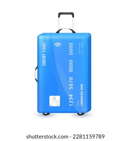 Viajar con tarjetas de crédito. Maleta azul de la tarjeta de crédito sobre fondo blanco. Privilegios especiales compran dinero de transferencia de pago localmente en el extranjero en todo el mundo. Concepto de transporte. Icono Vector 3D.