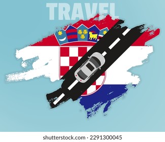 Travel to Croatia by car, going holiday idea, vacation and travel banner concept, car on the road with Croatia flag, international car travel, automobile going on a way, top view