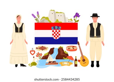 Travel to Croatia, infographic collage with famous tourist attractions and food. Croatian big flag, man and woman in national costumes, culture elements and landmark cartoon vector illustration