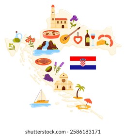 Travel to Croatia set, culture elements and landmarks, food in infographic map with Croatian flag. Waterfall scenery and yacht in sea waves, cute iris flower and wine cartoon vector illustration