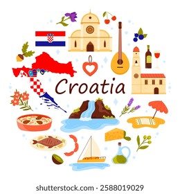 Travel to Croatia set, culture elements and famous landmarks of nature and architecture in round infographic poster with title. Flag and map of country, beach paradise cartoon vector illustration