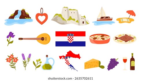 Travel to Croatia set, culture elements and Croatian architecture and nature landmarks. Seafood and grilled fish, buildings of Old Town, map and flag of Croatia, wine cartoon vector illustration