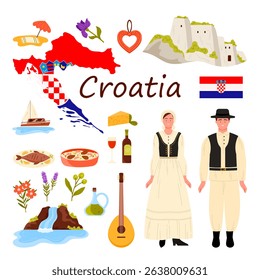 Travel to Croatia set, infographic poster with title, famous culture elements and landmarks. Croatian people in traditional dress, objects illustrated tourism and vacation cartoon vector illustration