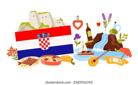 Travel to Croatia, traditional Croatian culture symbols, landmarks and food, nature in infographic collage banner. Flag of country and Krka National Park waterfall, boat cartoon vector illustration