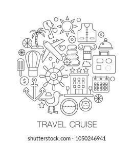 Travel cruise in circle - concept line illustration for cover, emblem, badge. Travel cruise vacation travel thin line stroke icons set.